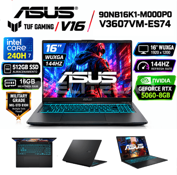 ASUS V16 GAMING V3607VM-ES74 Intel Core 7-240H 16GB DDR5 512GB SSD 16"WUXGA -144HZ NVIDIA GEFORCE RTX5060-8GB AMERICANO RETROILUMINADO WIN 11 HOME BATERIA 3 CELL COLOR MATTE BLACK