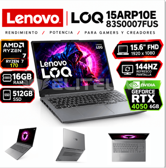 LENOVO LOQ 15ARP10E (83S0007FUS) AMD RYZEN 7-170 16GB DDR5 512GB SSD 15.6"FHD-144HZ RTX 4050-6GB WIN 11 HOME TECLADO AMERICANO RETROILUMINADO COLOR LUNA GREY