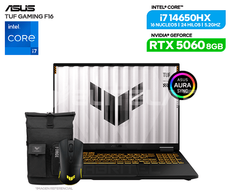 LAPTOP ASUS TUF F16 FX608JMR-RV352 INTEL CORE I7-14650HX 16GB 512GB SSD RTX 5060 8GB 16" FHD INCLUYE MOCHILA Y MOUSE