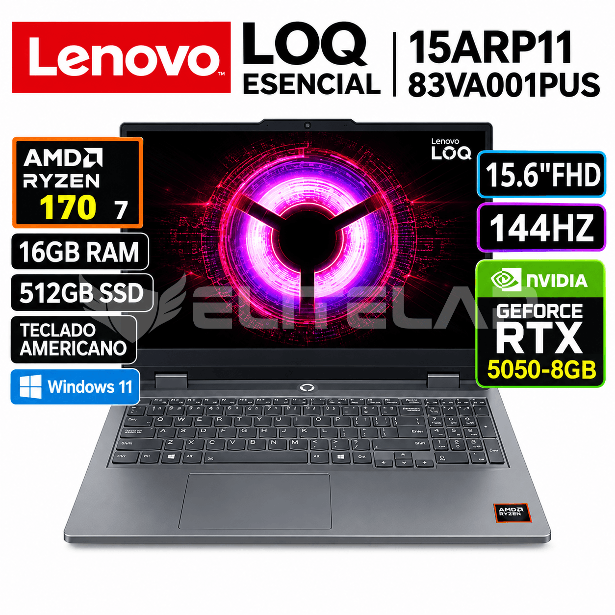 LENOVO LOQ ESENCIAL 15ARP11 (83VA001PUS) AMD RYZEN 7-170 16GB DDR5 512GB SSD 15.6"FHD-144HZ TECLADO AMERICANO RTX5050-8GB WIN 11 HOME BATERIA 3 CELL COLOR ECLIPSE BLACK