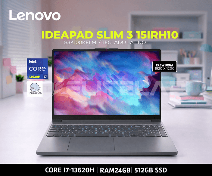 LAPTOP LENOVO IDEAPAD SLIM 3 15IRH10 INTEL CORE I7-13620H 24GB 512GB SSD 15.3" WUXGA 60HZ FREE DOS (83K100KFLM)