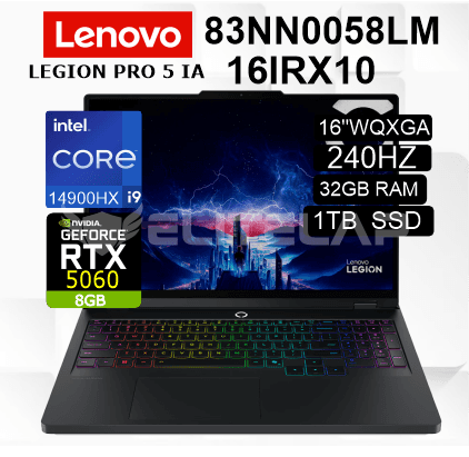 LAPTOP LENOVO LEGION PRO 5 16IRX10 INTEL CORE I9-14900HX 32GB 1TB SSD RTX 5060 8GB 16" WQXGA 240HZ FREE DOS (83NN0058LM)