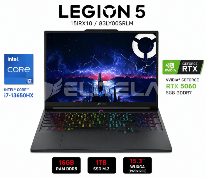 LAPTOP LENOVO LEGION 5 15IRX10 INTEL CORE I7-13650HX 16GB DDR5 1TB SSD RTX 5060 8GB 15.3" WUXGA 165HZ SIN OS ECLIPSE BLACK (83LY00SRLM)