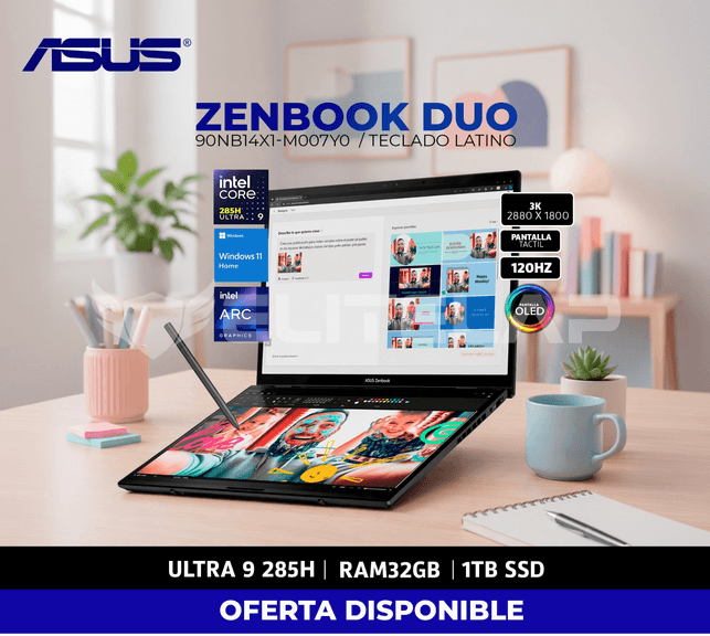 LAPTOP ASUS ZENBOOK DUO UX8406CA-PZ073W INTEL CORE ULTRA 9-285H 32GB 1TB SSD INTEL ARC GRAPHICS 14" 3K OLED 120HZ WIN11 HOME (90NB14X1-M007Y0)