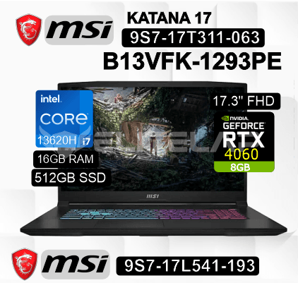 LAPTOP MSI KATANA 17 B13VFK-1293PE INTEL CORE I7-13620H 16GB 512GB SSD RTX 4060 8GB 17.3" FHD 144HZ WIN11 HOME (9S7-17L541-193)