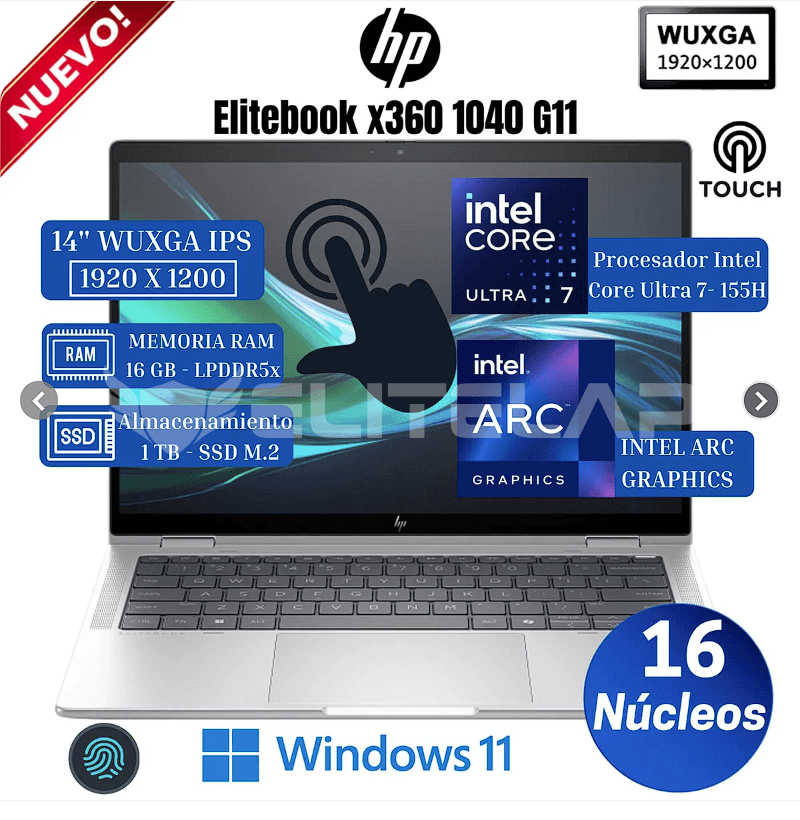 LAPTOP HP ELITE X360 1040 G11 2-IN-1 INTEL CORE ULTRA 7-155H 16GB 1TB SSD INTEL ARC GRAPHICS 14" WUXGA 60HZ WIN11 PRO (A9BS2LT#ABM)