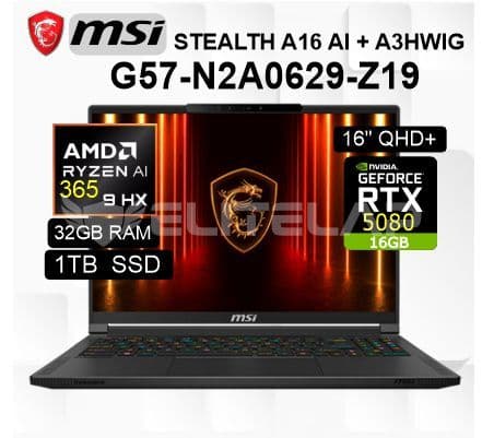 LAPTOP MSI STEALTH A16 AI+ A3HWIG-073US AMD RYZEN AI 9-365 32GB 1TB SSD RTX 5080 16GB 16" QHD+ OLED 240HZ WIN11 HOME (BBARI36532GXXDX11NGP)