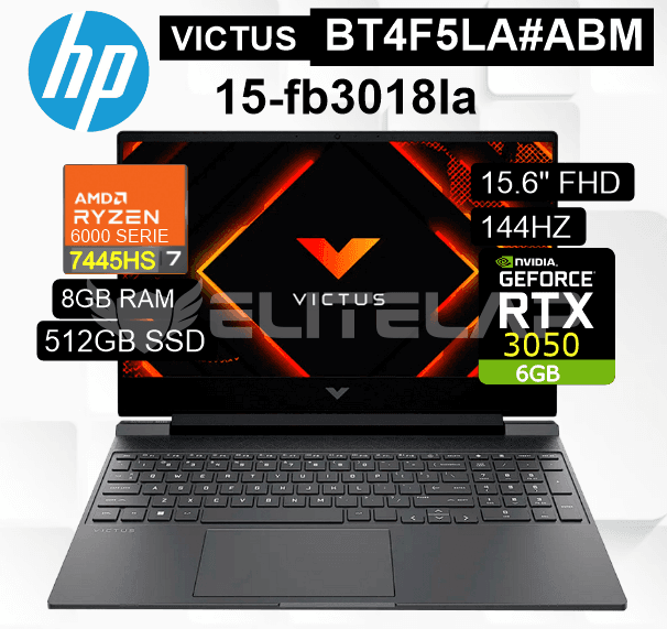 LAPTOP HP VICTUS 15-FB3018LA AMD RYZEN 7-7445HS 8GB 512GB SSD RTX 3050 6GB 15.6" FHD 144HZ WIN11 HOME (BT4F5LA#ABM)