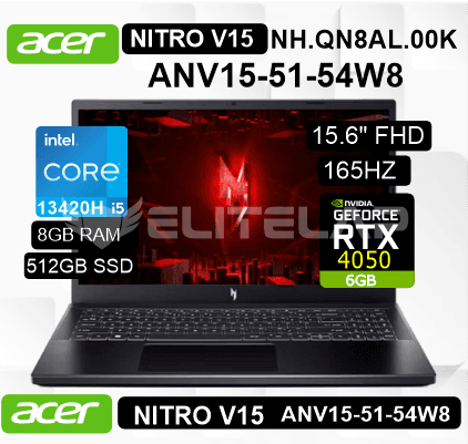 LAPTOP ACER NITRO V 15 ANV15-51-54W8 INTEL CORE I5-13420H 8GB 512GB SSD RTX 4050 6GB 15.6" FHD 165HZ WIN11 HOME (NH.QN8AL.00K)